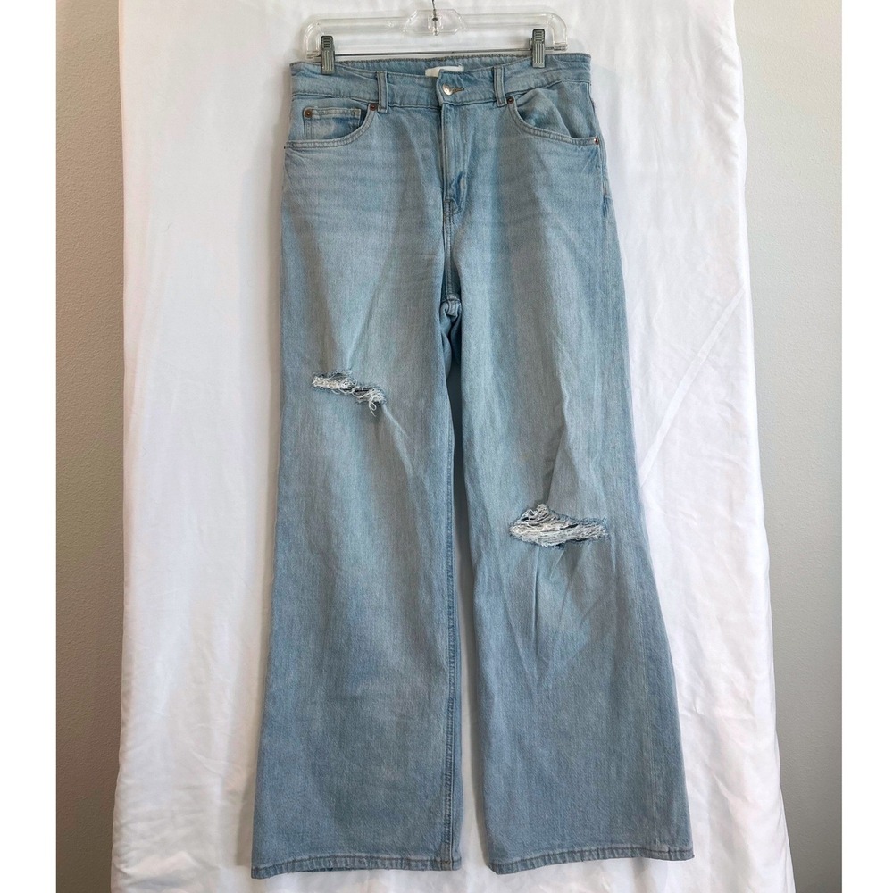 HM High Waisted Wide Leg Jeans Light Wash Distressed Ripped Denim Womens Size 10